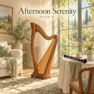 Afternoon Serenityのジャケット。光の差す部屋のハープとクラリネット